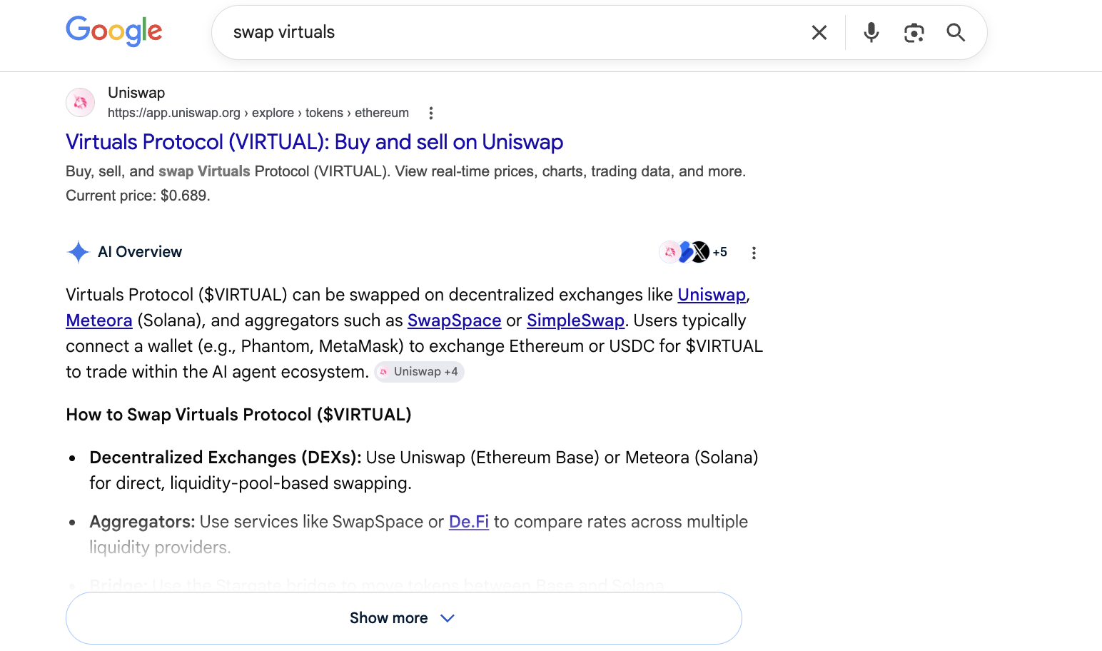 Search visibility results for Uniswap token detail pages